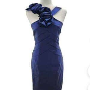 NWT Cache Navy Satin Sheath Dress Formal size 8 Ruffle One Shoulder Detailing